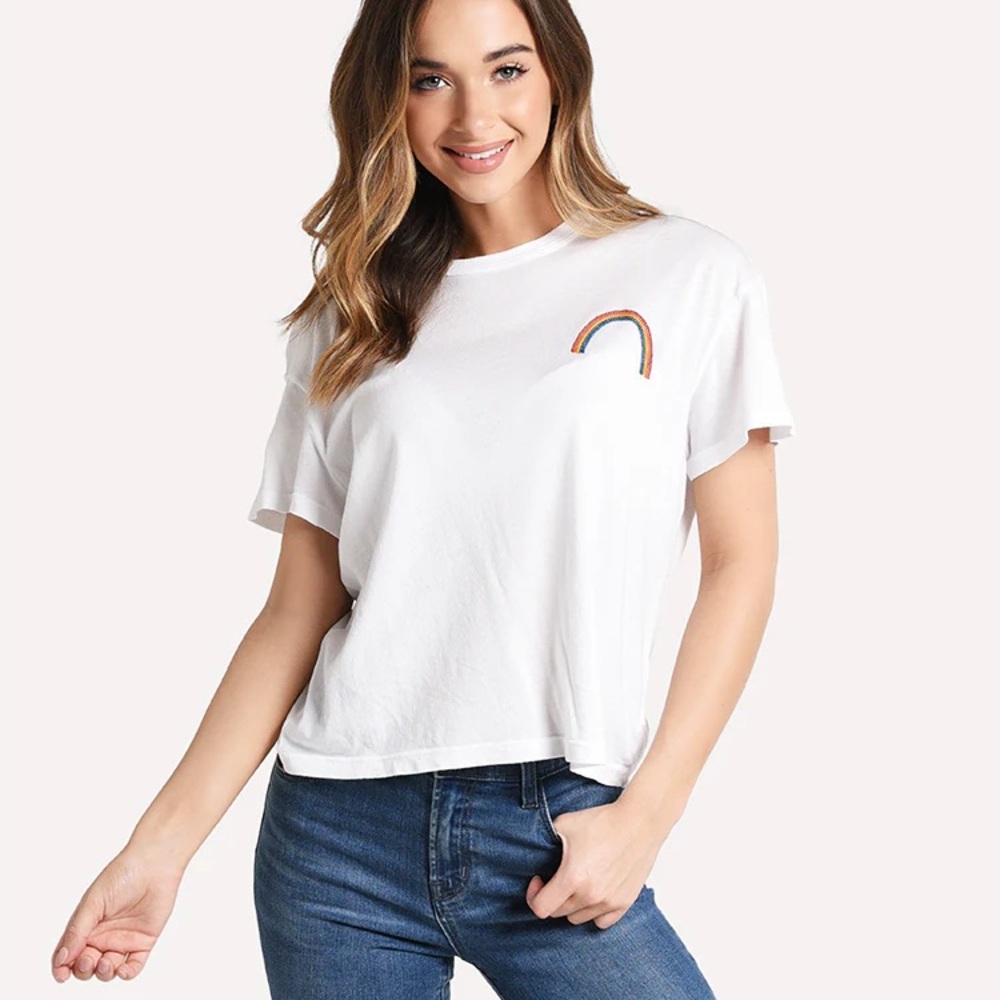Monrow Vintage Crewneck Tee with Rainbow Embroidery Size XS